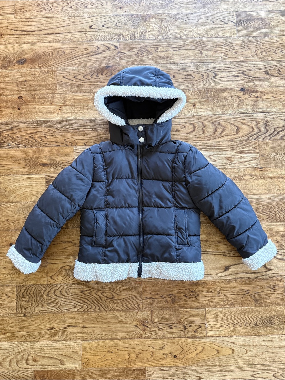 Girls Black Puffer Jacket Sherpa Trim Quilted Hooded Winter Coat Sam Edelman 6X